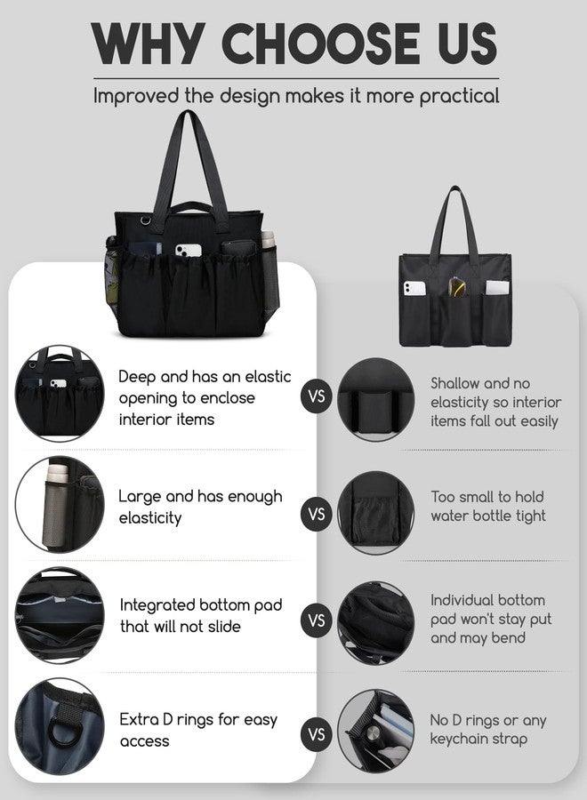 FOKDUVB Black Utility Tote with Pockets & Compartments for Women - Zippered Shoulder Bag for School, Travel, Work & Everyday Use - Water Bottle Pocket - Gift Idea - Image 5